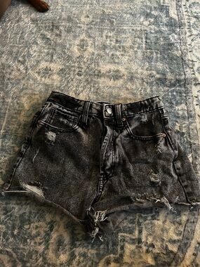 High-Rise Distressed Black Denim Shorts